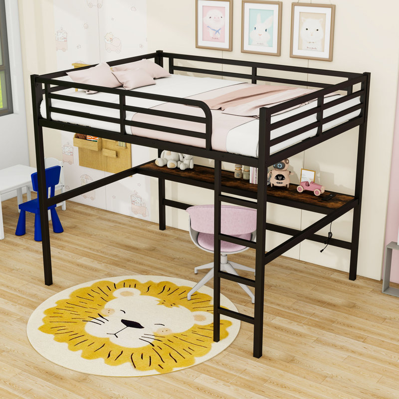 Metal Queen Loft Bed With Desk, Charging Station And LED Lights, Black