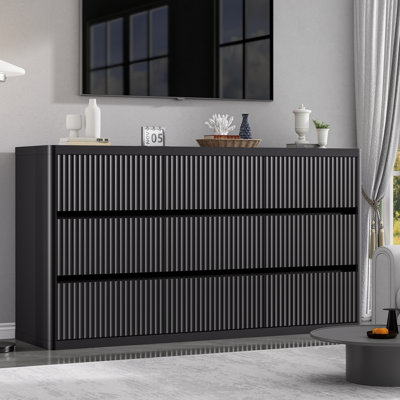 Fluted Black 9-Drawer Dresser, 57" Modern Curved Chest of Drawers