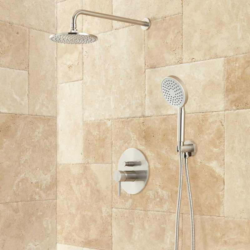 Lattimore Shower System with Rainfall Shower Head and Hand Shower - Rough In Included, Brushed Nickel