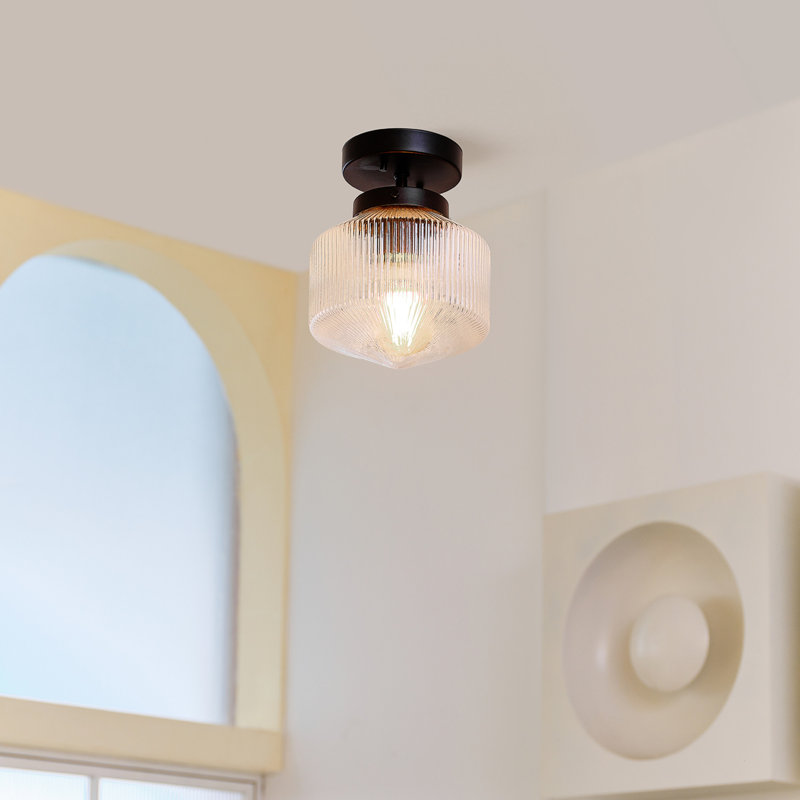 Plafonnier encastré noir mat 1 lumière Adelone avec abat-jour en verre nervuré