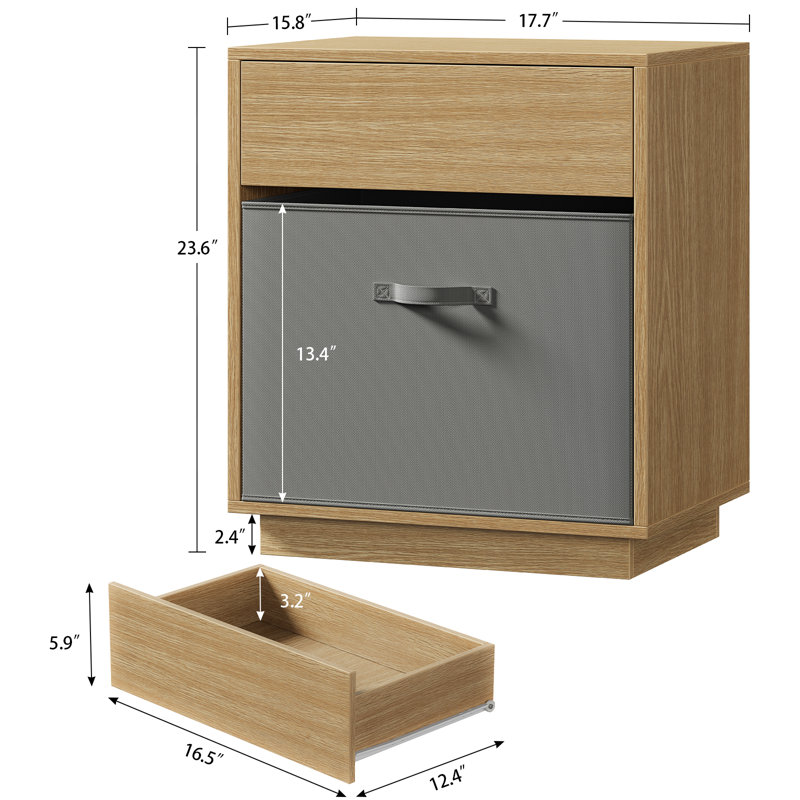 Ensemble de 2 tables de chevet avec tiroir et bac de rangement en tissu amovible, table de chevet moderne pour chambre à coucher, naturel