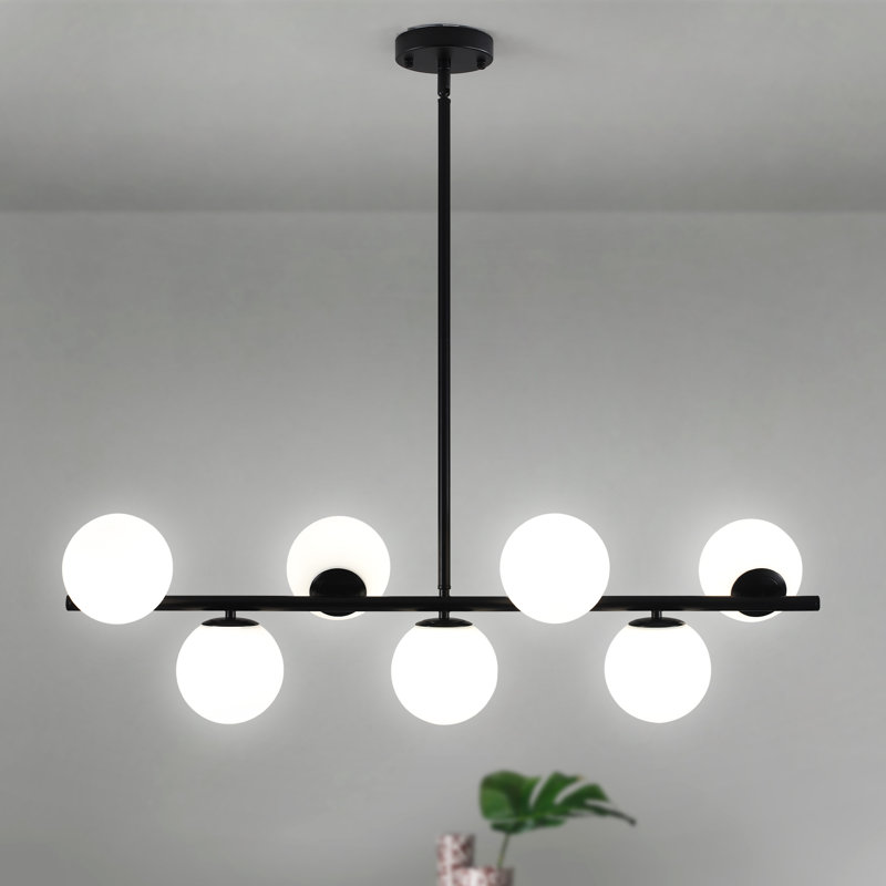 George Oliver 7 - Light Dimmable Modern White Glass Globe Sputnik Linear Dining Room Chandeliers Farmhouse Kitchen Lighting Pendant-35.83"W x 52.56"H 