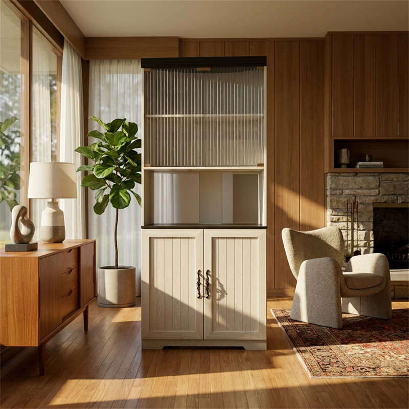 Unité de rangement haute, armoire à vin d'angle, avec tablettes réglables et portes en verre trempé, cadre en bois, dossier en miroir, vitrine à 5 niveaux, armoire de bar, style Mid-Century moderne, blanc