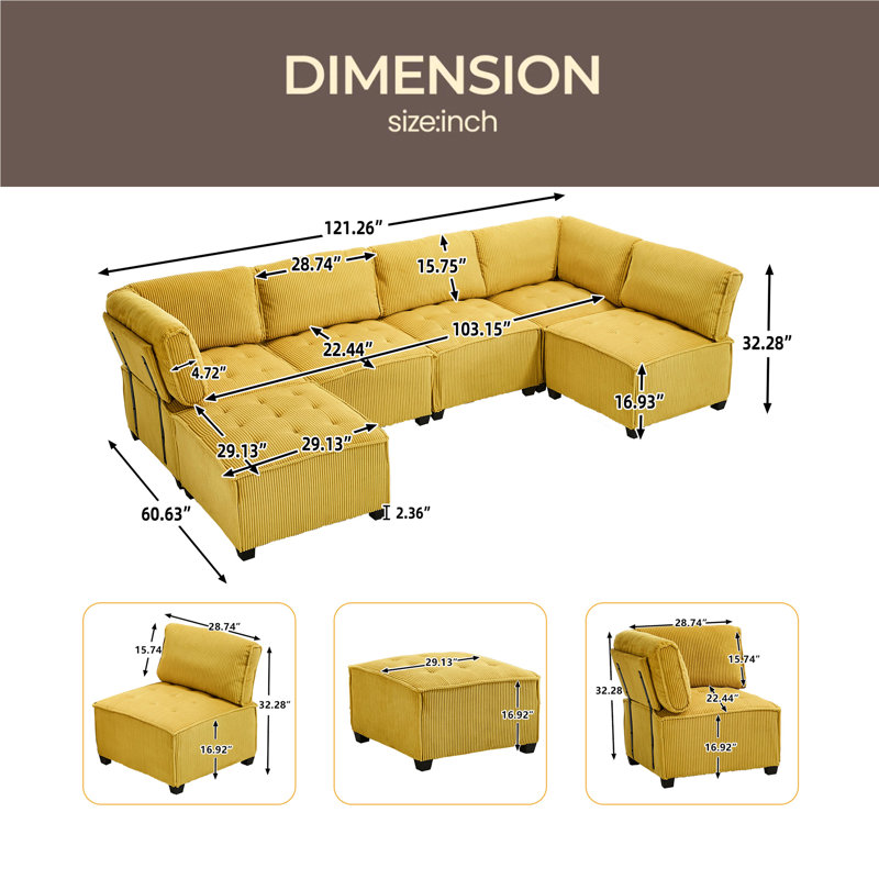 Canapé modulaire modulaire en forme de U avec méridienne réversible Canapé modulaire modulaire, canapé convertible 6 places, parfait pour le salon