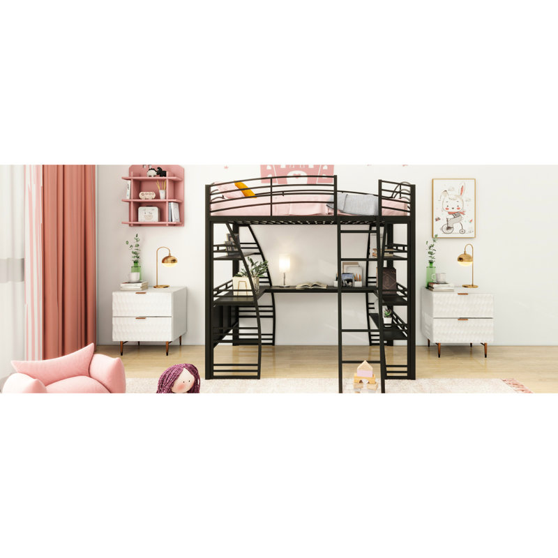 Élégant lit mezzanine en métal noir avec tablettes à 4 couches et bureau en forme de L