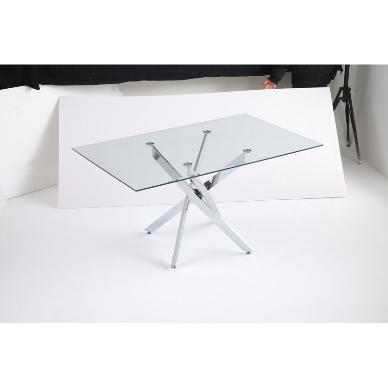 Table rectangulaire moderne en verre trempé et cadre en fer argenté, Clear, Silver