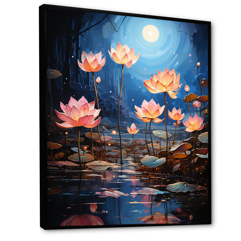 Fleur de lotus entre les blocs de Lilly II sur toile, H 44 po x l 34 po x P 1,5 po, Cadre flottant noir