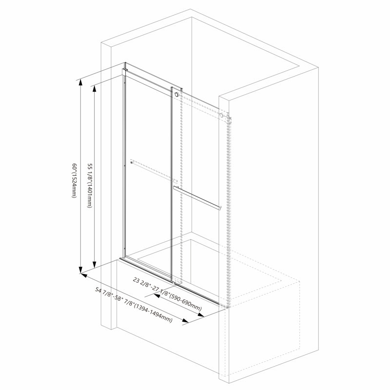 Porte de douche semi-sans cadre coulissante double l 60 po x H 60 po avec verre trempé transparent de 5/16 po (8 mm)