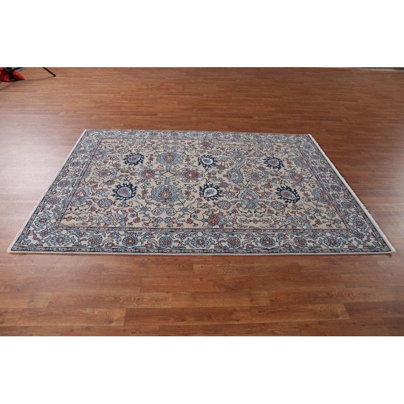 Tapis beige noué à la main de conception unique 5 pi x 6 pi 10 po