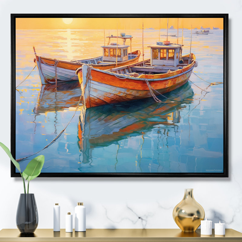 Deux bateaux dans le port III, reproduction d'art sur toile, Cadre flottant noir, H 24 po x l 32 po x P 1 po
