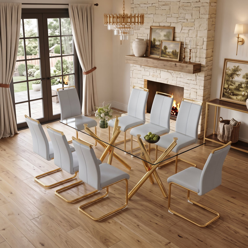 Ensemble de salle à manger moderne rectangulaire en verre 9 pièces avec cadre géométrique et chaises cantilever, Transparent