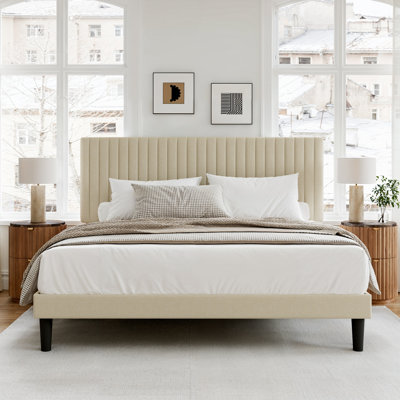 King Size Upholstered Platform Bed with Adjustable Headboard and Wooden Slats