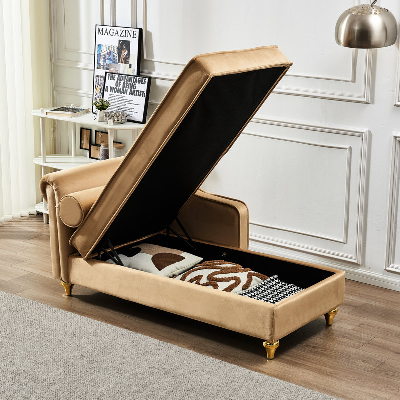 Chaise longue en velours kaki avec grande capacité de rangement - siège confortable, pieds en métal doré, installation simple