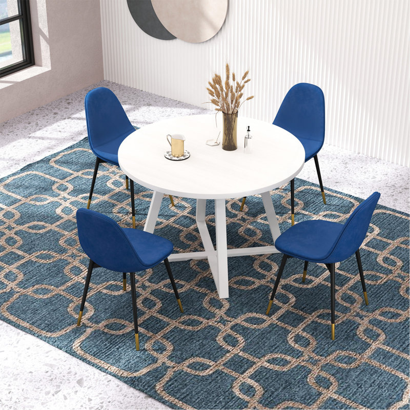 Ensemble de salle à manger 5 pièces, table ronde à tréteaux et 4 chaises élégantes, bleu, Bleu + noir