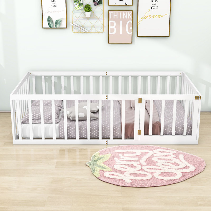 Twin Size Wood Daybed with Fence and Door, White