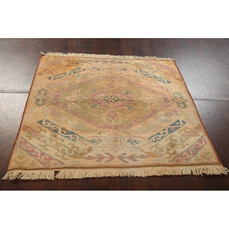 Tapis brun / rouge en laine noué à la main de conception unique 4 pi 2 po x 4 pi 8 po années 1980