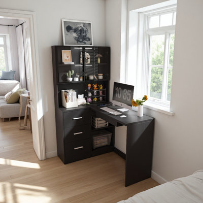 Bureau d'ordinateur avec armoires en verre et lumières DEL intégrées, bureau de coin en L avec ports de chargement USB, plateau à clavier, conception ergonomique pour les espaces de travail à domicile et en entreprise