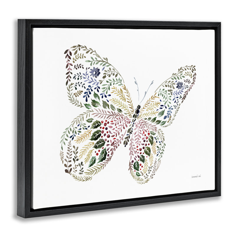 Art floral sur toile flottant, "Floral Nature Butterfly" par Danhui Nai, Cadre flottant noir de jais, H 17 po x l 21 po