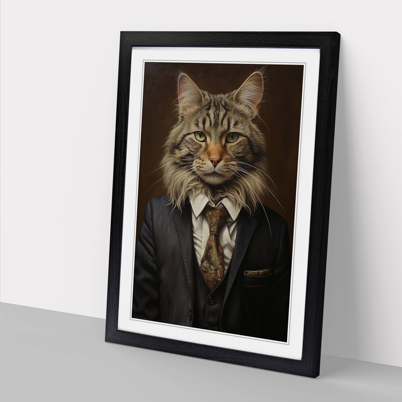 Cat In A Suit - Single Picture Frame Print on Wood, 34cm H x 25cm W x 2cm D, Black 