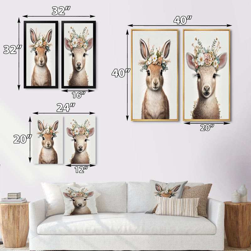 «Cute Baby Rabbit With Floral Crown», 2 pièces sur toile, Cadre noir, H 20 po x l 24 po