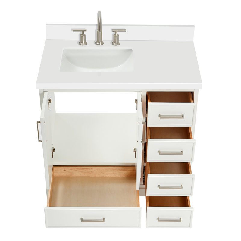 37'' Single Bathroom Vanity with White Quartz Top, White