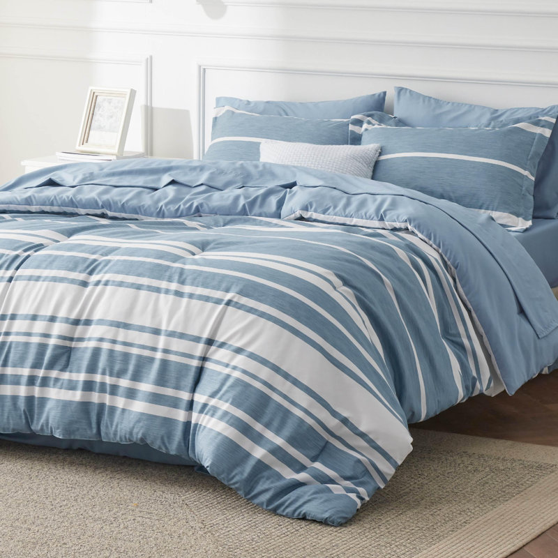 Bedsure Striped All Season Comforter Set, Twin Comforter + 4 Additional Pieces, Gray Blue