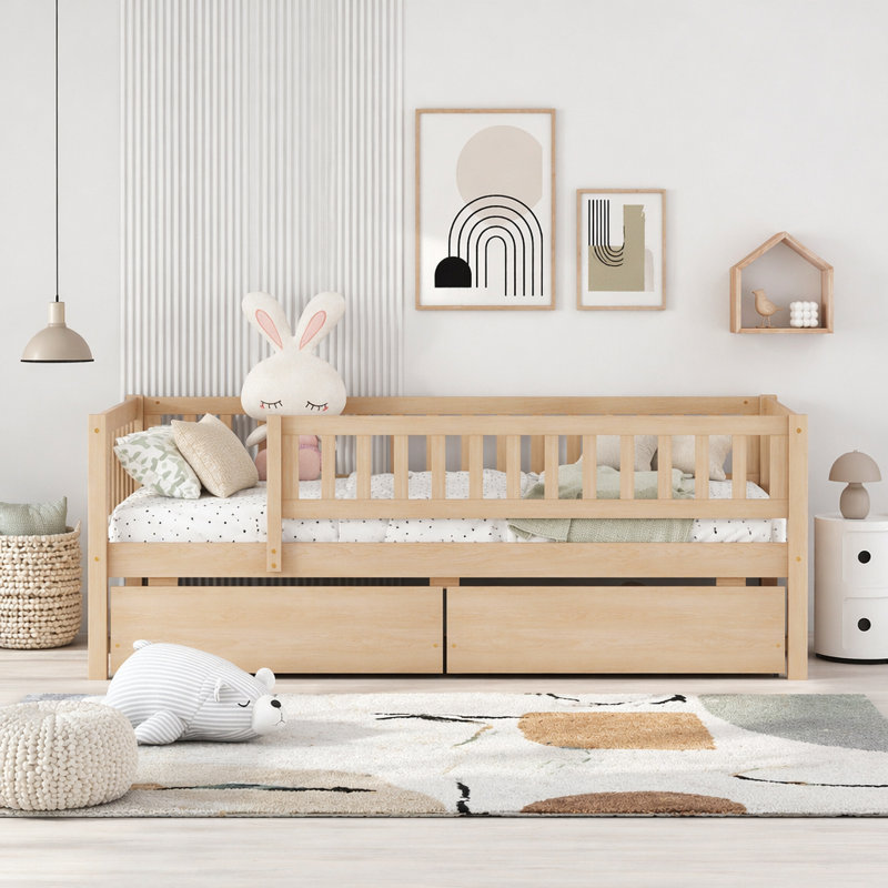Lit de jour simple avec tiroirs de rangement spacieux et fabrication en bois massif, Lit simple, Naturel