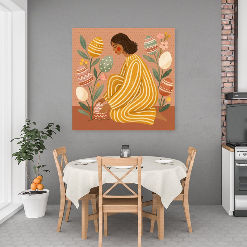 Femme qui plante des œufs de Pâques, impression d'art mural fantaisiste coloré nature printemps, H 48 po x l 48 po