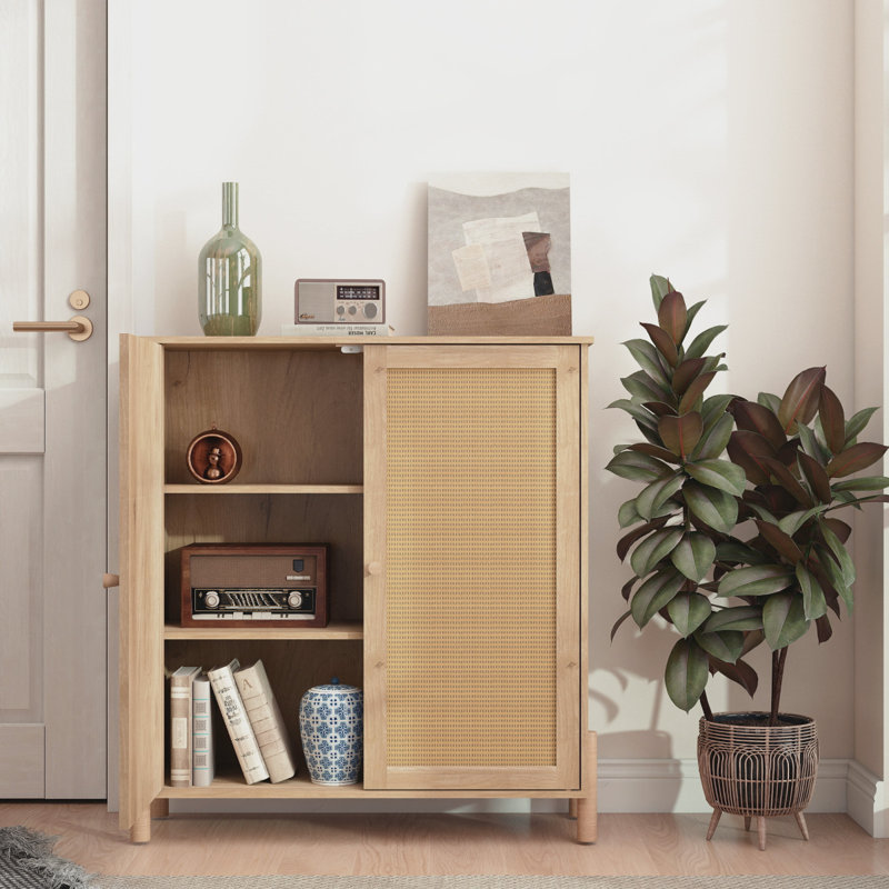 Armoire de rangement Mid-Century moderne avec portes en rotin tissé et tablettes réglables - parfaite pour le salon et la salle à manger