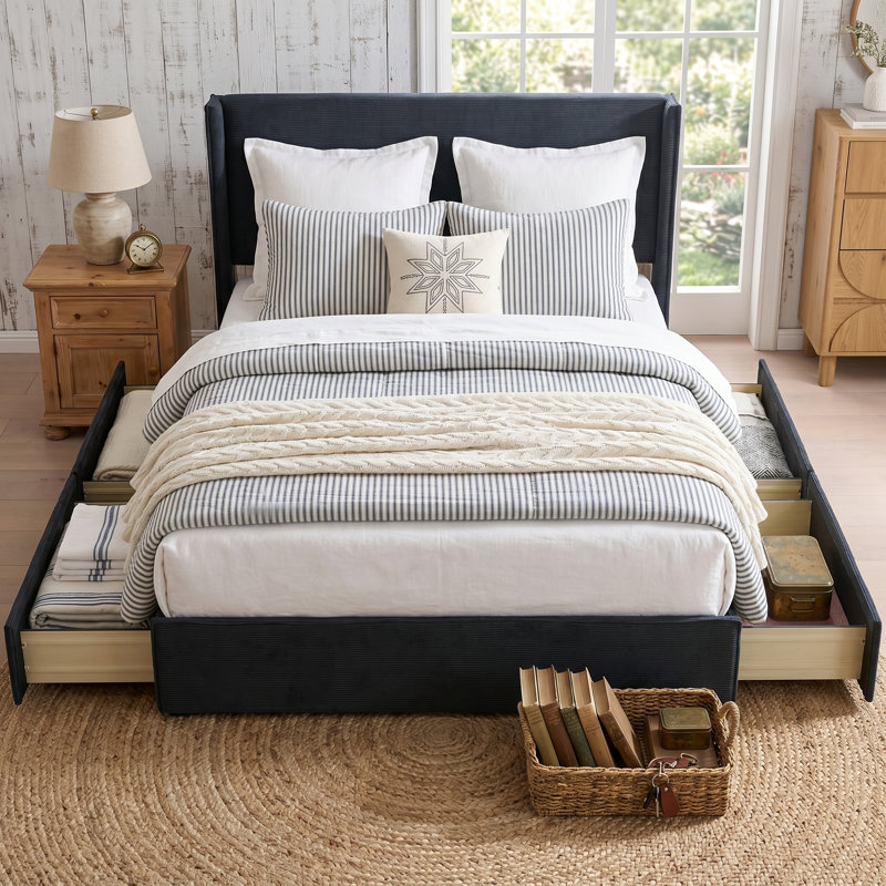 Lit plateforme tapissier Modern, Noir, Grand