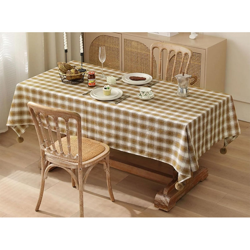 Brown Plaid Woven 100% Cotton Tablecloth With Pom Pom 56" W X 96" L, Brown, 96" L x 56" W