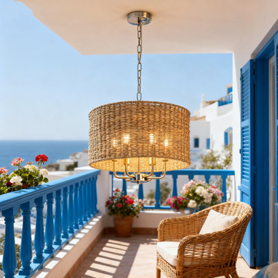 Luminaire suspendu tambour en bambou tissé à la main 6 lumières Farmhouse Rattan Chandelier pour salle à manger, îlot de cuisine, salon, chambre à coucher