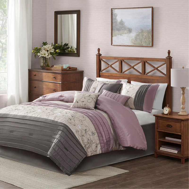 Ensemble d'édredon brodé mauve 7 pièces, Édredon de très grande taille et 6 pièces suppl, Mauve