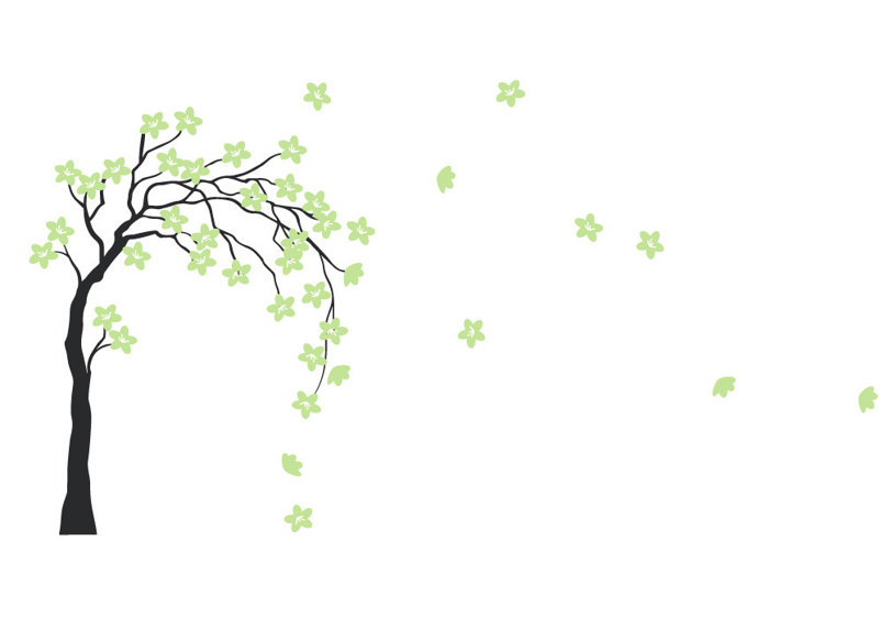 Décalcomanie murale arbre dans le vent, H 19 po x l 35 po x P 0,01 po, Noir / vert pâle