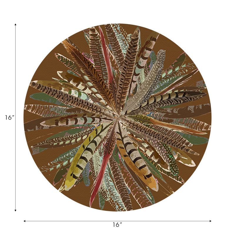 Pheasant Feathers Vegan Leather Round Pebble Placemat, Brown