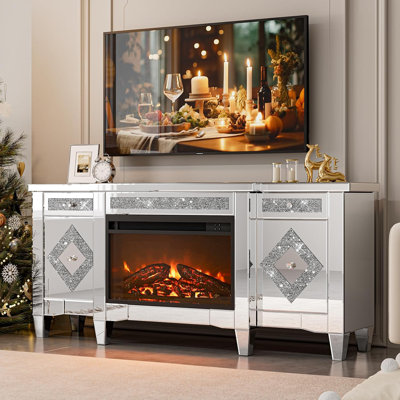  Mirrored Tv Stand With Fireplace For 65+ Inch Tv, Silver Electric Fireplace With Drawers And Storage Space, Modern Entertainment Centre With Crushed Diamond For Living Room Remote Control
