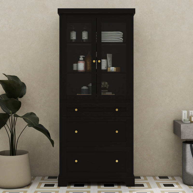 70.1 Inch Contemporary Tall Freestanding Bathroom Cabinet With 3 Drawers And Soft-Close Glass Doors, Black