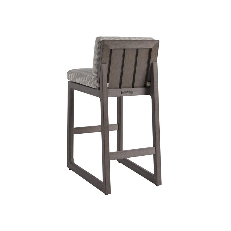 Taupe-Gray Teak Outdoor Bar Stool with Cushioned Seat