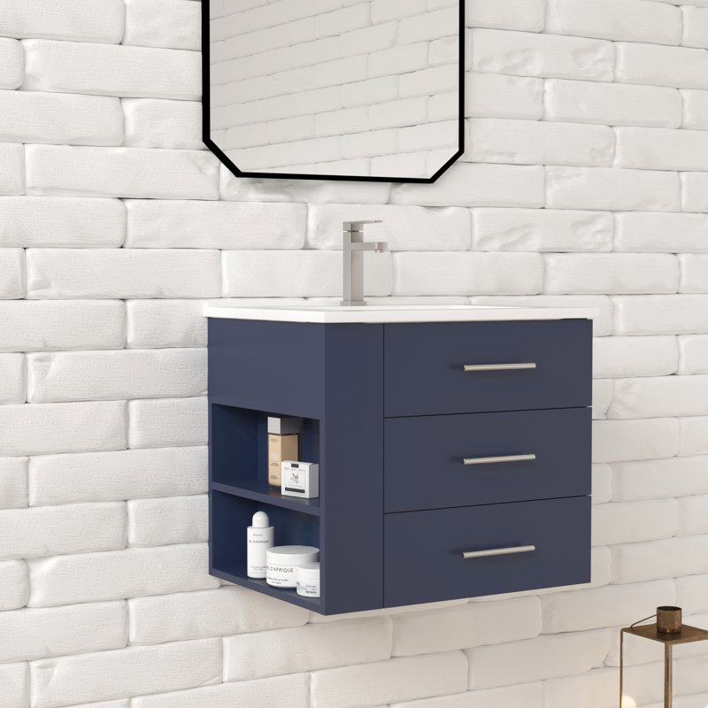 Aurilla 24 in. Single Sink Wallmount Bath Vanity with White Ceramic Countertop in Marine Blue with Left Side Shelf