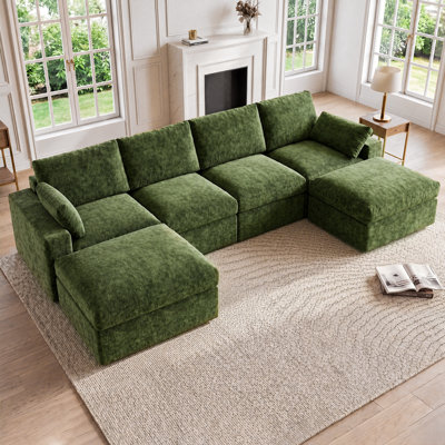 150" Boneless Cloud Couch Sectional Sofa for Living Room | 6 Seat Modular U Shaped Chenille Sofa with Extra Deep Seat Movable Ottoman Convertible Couch Compressed No Assembly Green