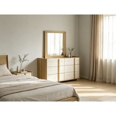 Lincoln Natural 6‑Drawer Dresser with Mirror, Coastal 2‑Tone Natural & White Rubberwood Bedroom Chest of Drawers, Metal Extension Glides, Pin‑Construction Joinery for Bedroom