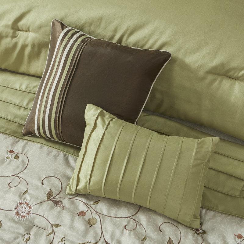 Serene Embroidered 7 Piece Comforter Set, Queen Comforter + 6 Additional Pieces, Green