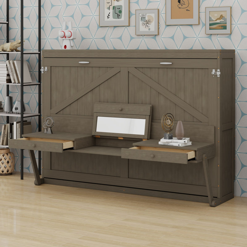 Lit escamotable avec rangement, armoire-lit pliable avec coiffeuse, miroir central et 2 tiroirs latéraux, Gris patiné