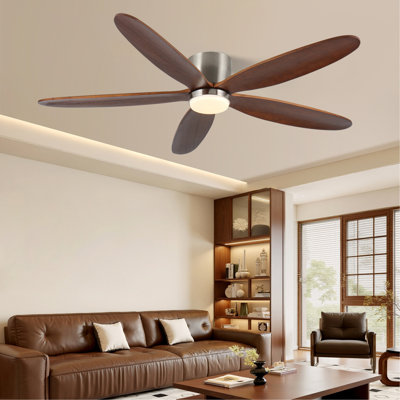 Ventilateur de plafond encastré 60 po avec lumières, moteur à courant continu silencieux, à intensité variable, 6 vitesses, 4 pales en bois (noyer foncé), intérieur seulement, style Mid-Century, finition noyer foncé
