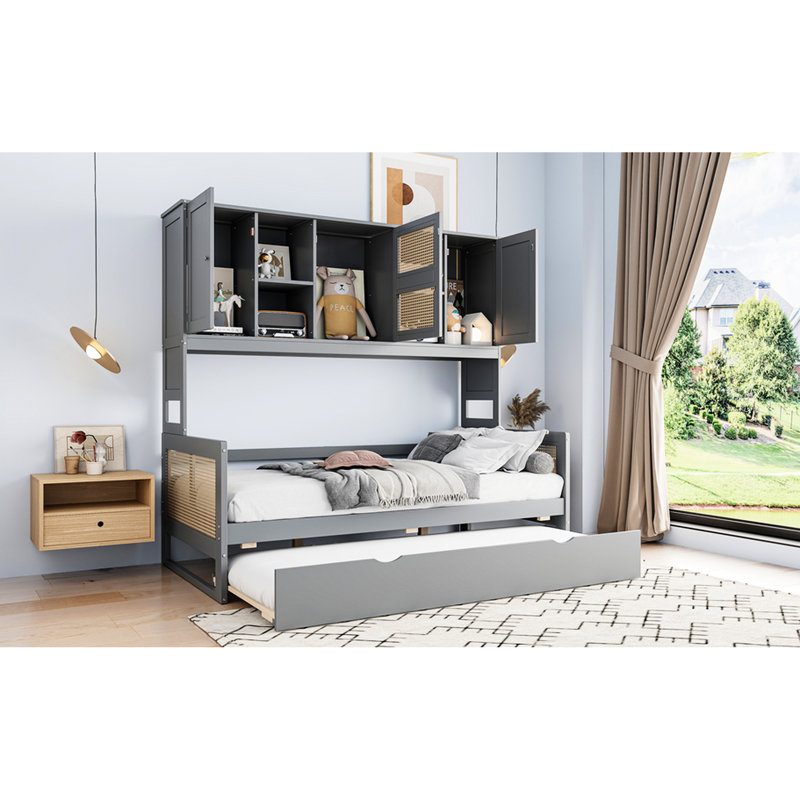 Lit de jour simple en bois avec lit gigogne, armoire et tablette de couleur grise, Gris, Lit simple
