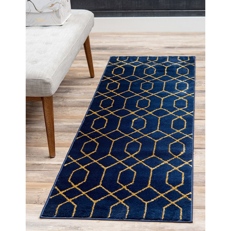 Tapis géométrique bleu / doré Corando, Tapis de couloir 2 pi x 10 pi