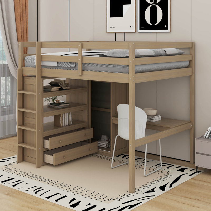 Lit mezzanine double avec bureau, tablettes et tiroirs, Noyer