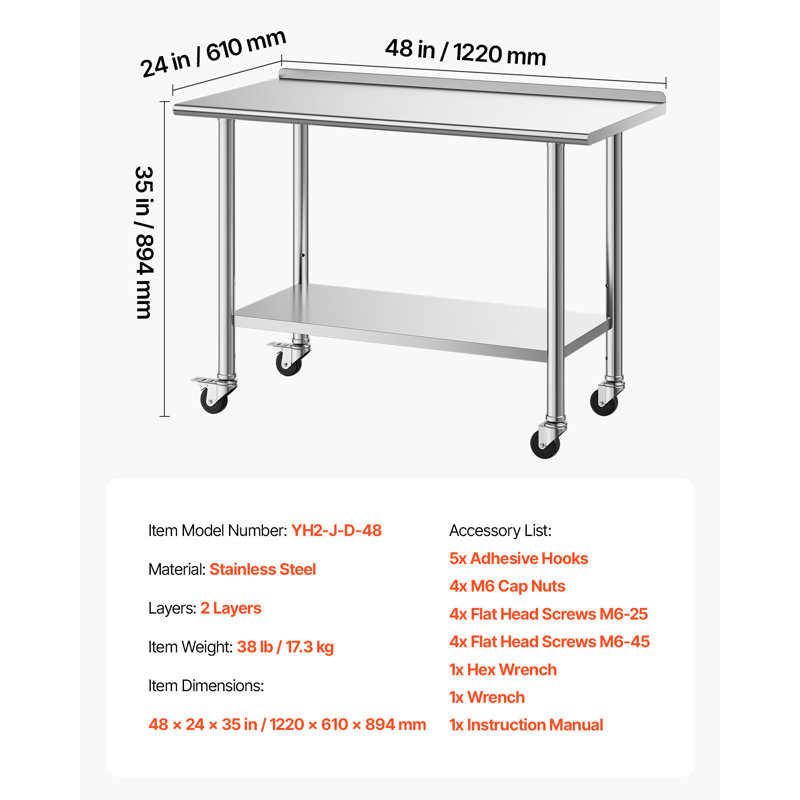 Table de travail en acier inoxydable, 61 x 122 cm, avec roulettes, idéale pour la préparation des aliments. Poste de travail de cuisine professionnel avec tablette inférieure réglable. Table de travail utilitaire robuste en métal, conçue pour les restaurants, la maison et l'extérieur.