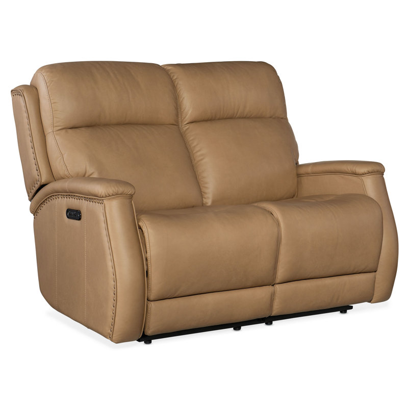 MS 56" Genuine Leather Power Reclining Loveseat, Cuir véritable brun miel