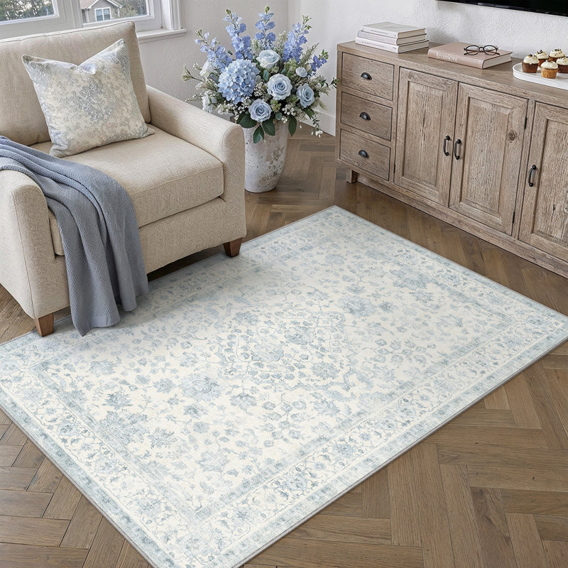 Tapis Elora lavable à la machine à motif floral avec envers antidérapant bleu, Blue, Rectangulaire 3 pi x 5 pi